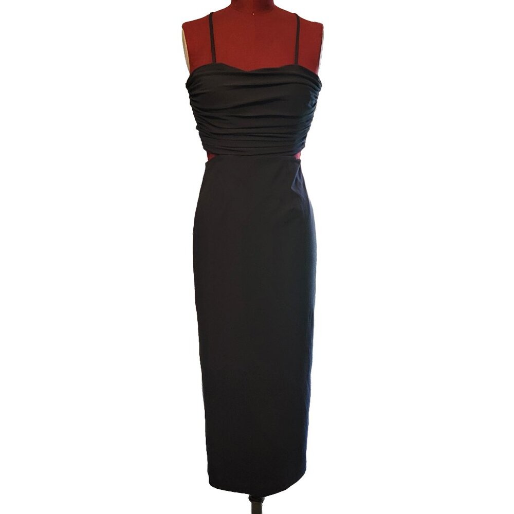 Cinq A Sept Judy Dress Navy Midi Cocktail Ruched Bodice Strappy Back Slit 0